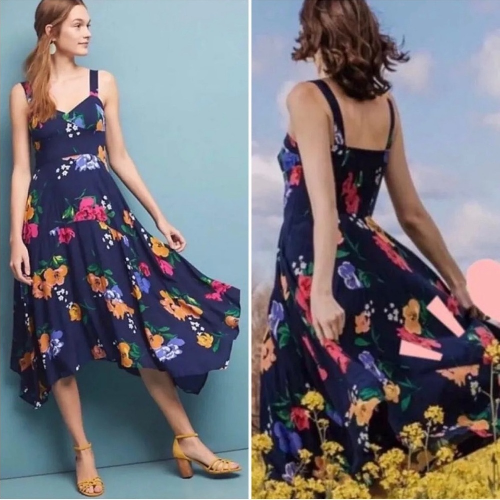 Anthropologie Navy Floral Midi Dress with Pink, Orange & Yellow Blooms